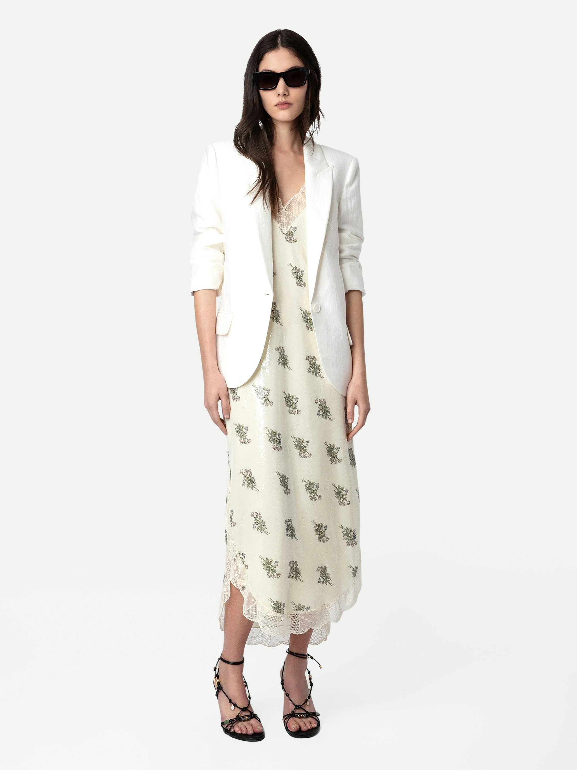 Ristyl Sequin Dress - Ecru lingerie-style long dress with floral print, sequins, straps and lace trim.